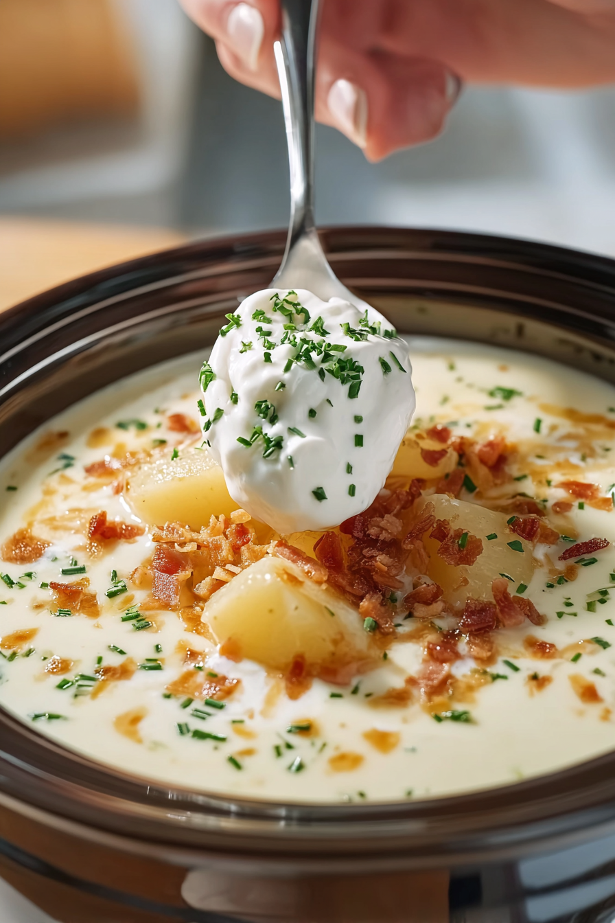 Layered ingredients in slow cooker for potato soup
