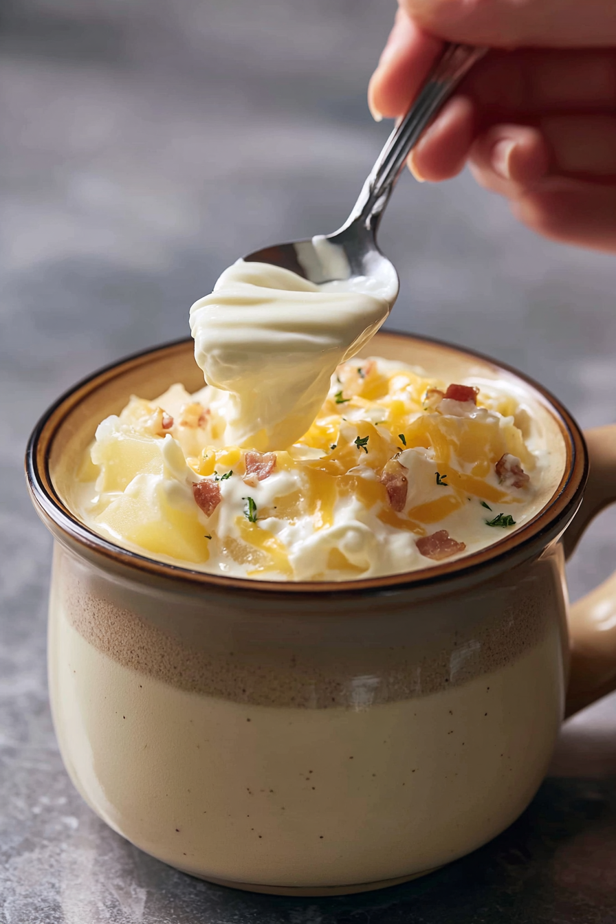 Creamy potato soup served in bowl with chives
