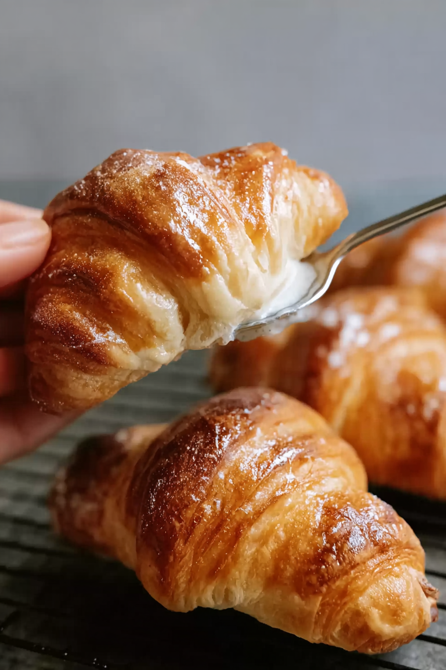 Golden-brown croissants cooled on rack