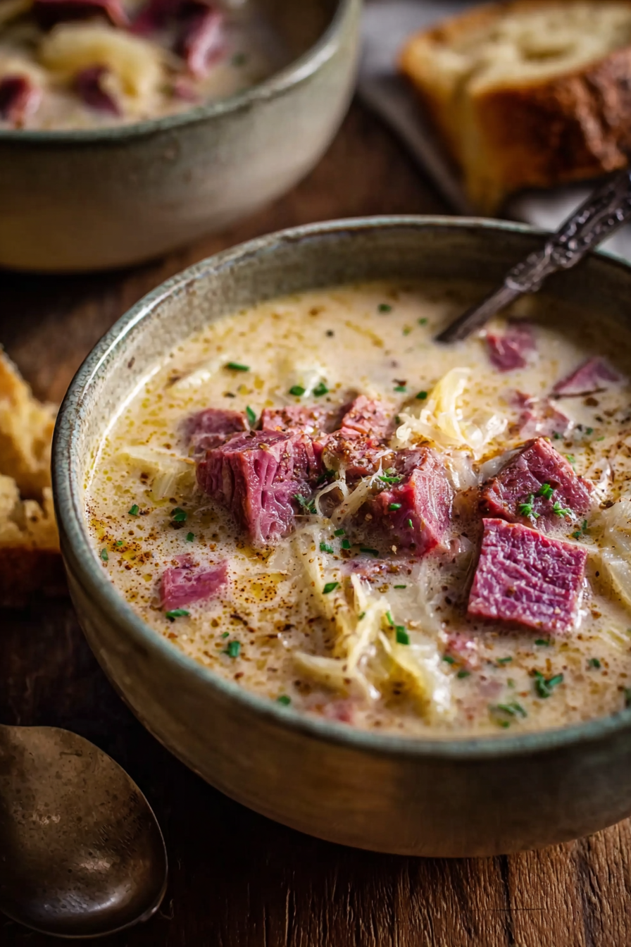 Bowl of Reuben soup with parsley garnish