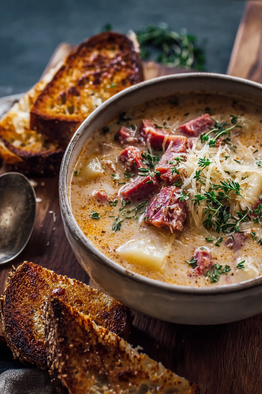 Close up of Swiss cheese melting into soup