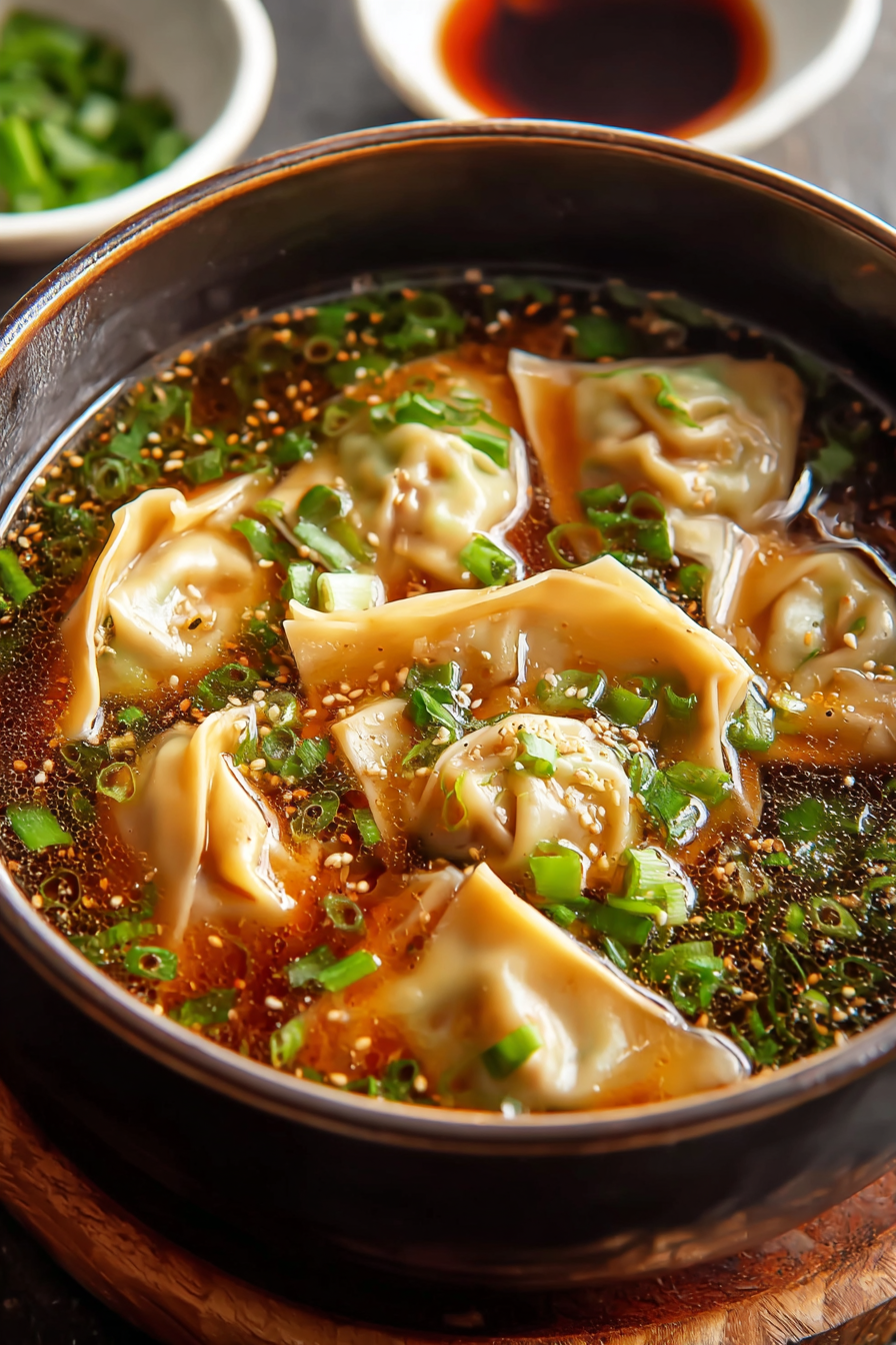 Potsticker soup in a bowl with green onions