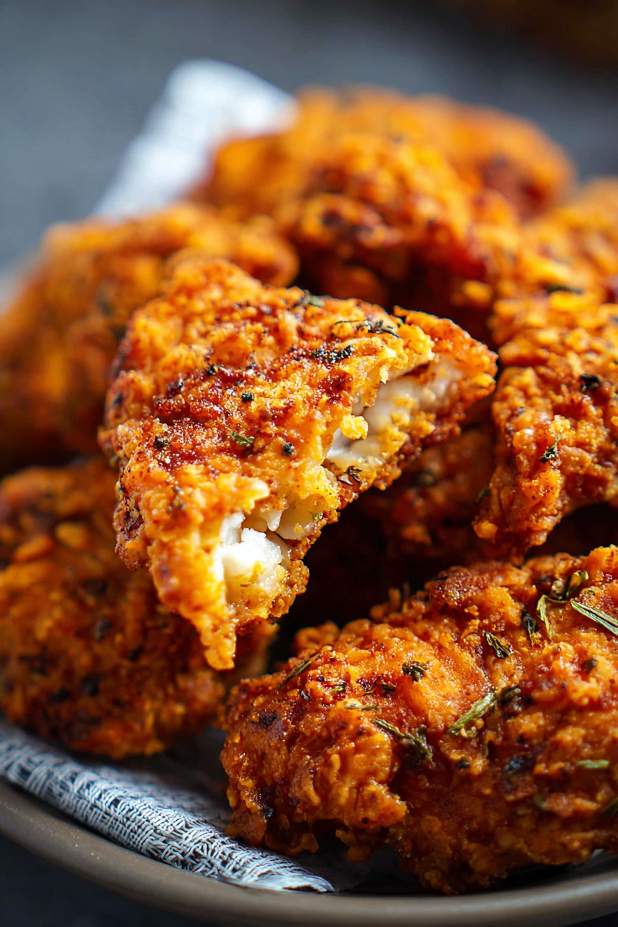 Golden fried chicken cooling on wire rack