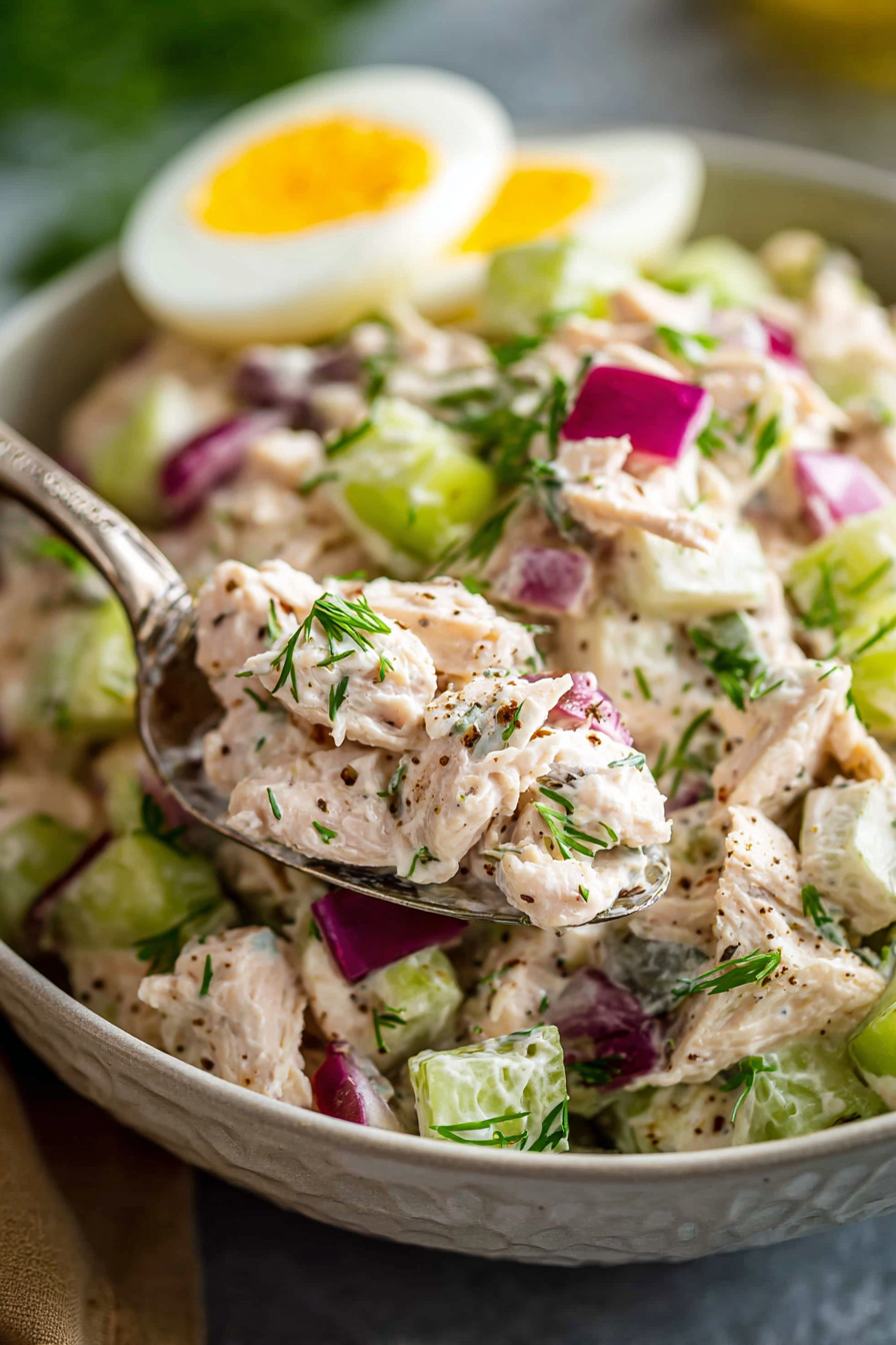 Creamy turkey salad in a bowl with celery and parsley