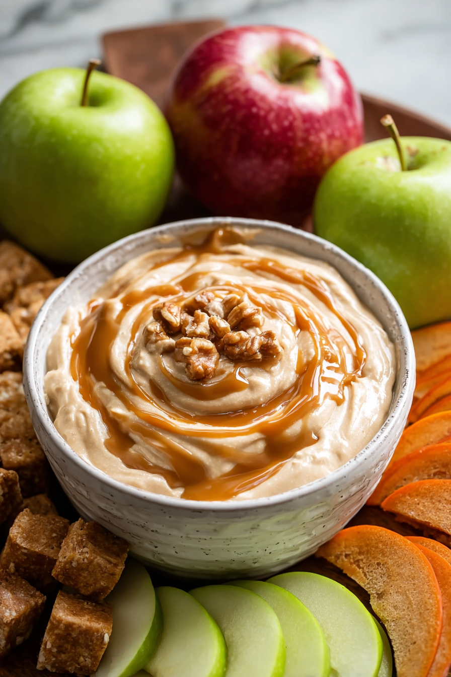 Caramel apple dip served in a bowl with apple slices