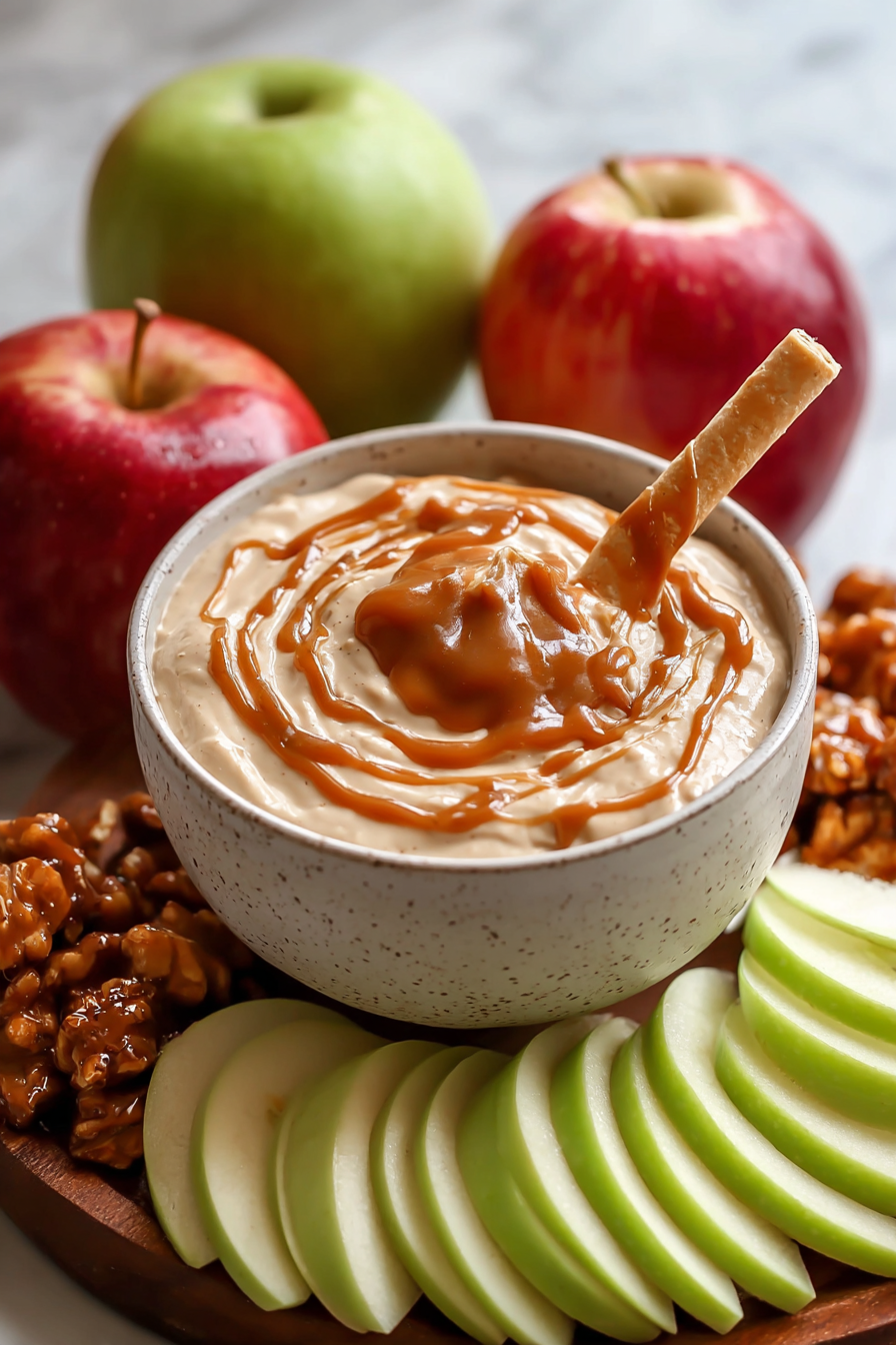 Close up of creamy caramel apple dip with toffee