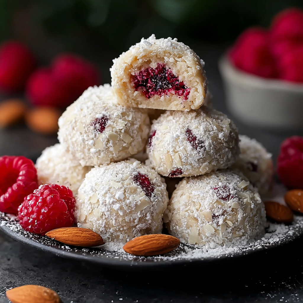 Raspberry Almond Snowball Cookies