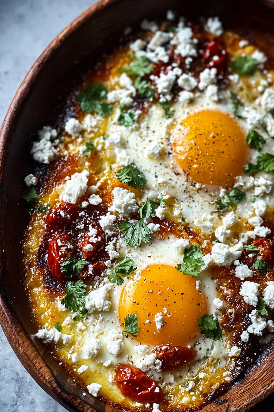 Crispy feta nests frying in skillet with eggs