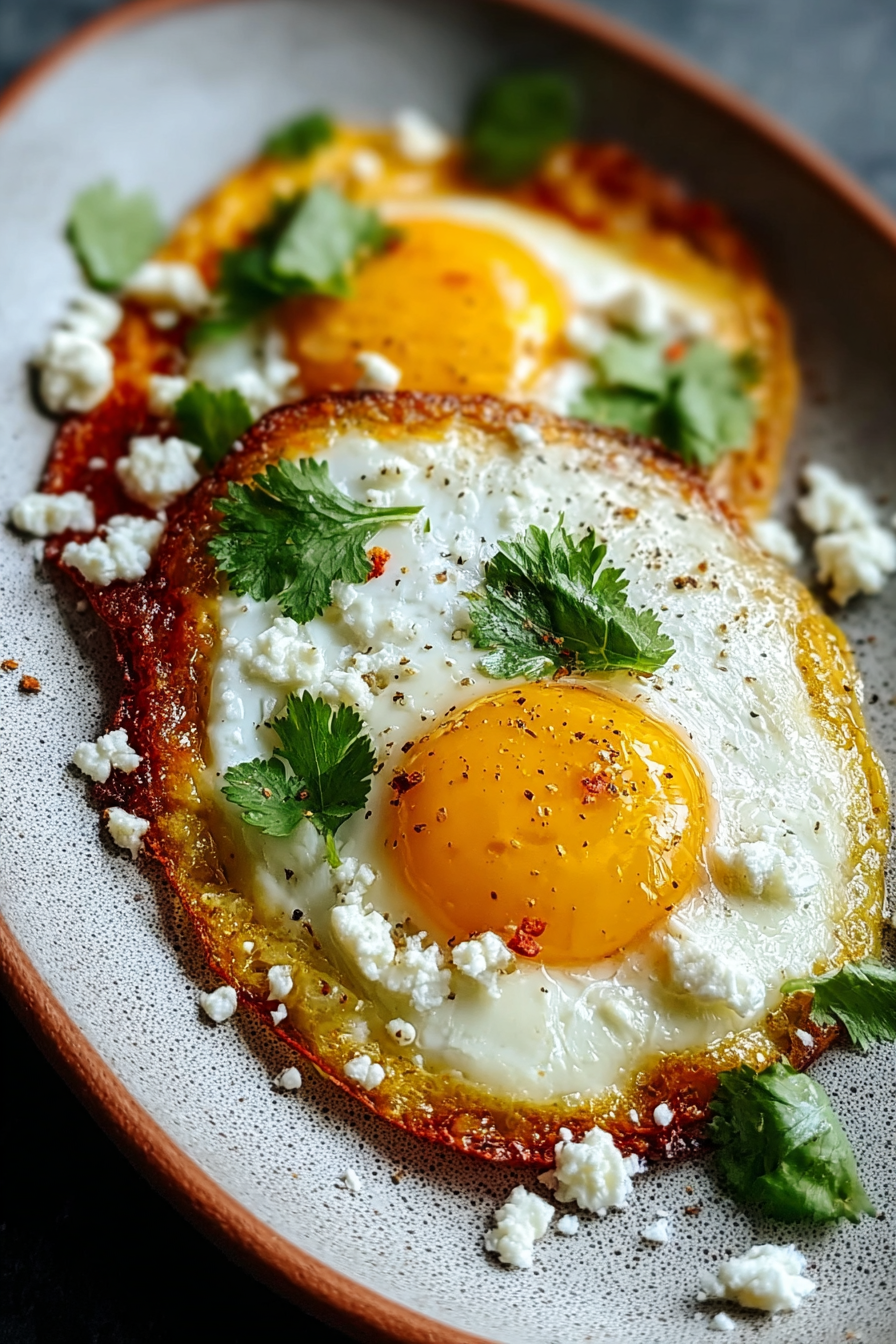 Finished crispy feta fried eggs plated with toasted bread