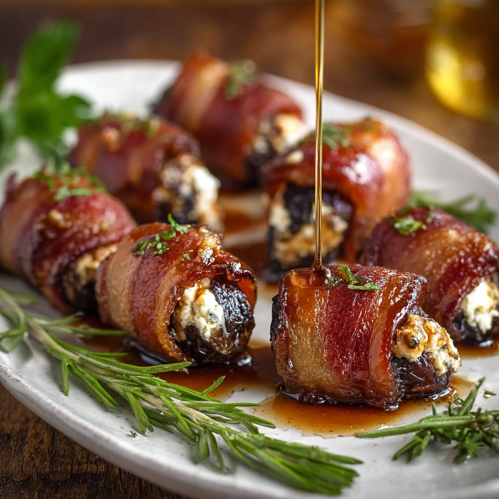 Bacon-Wrapped Dates Stuffed with Goat Cheese and Drizzled with Maple Syrup