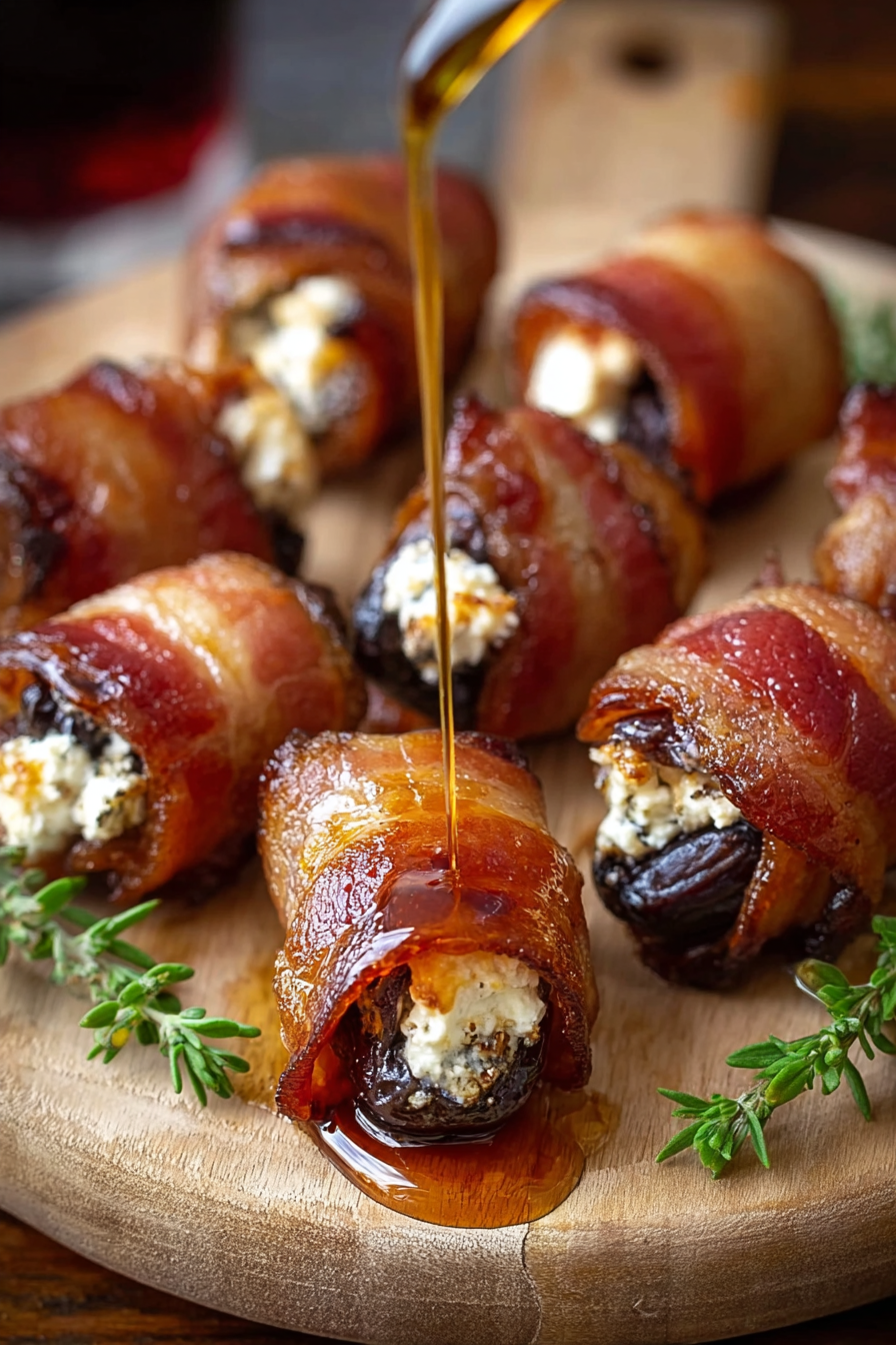 Bacon wrapped dates on a baking tray