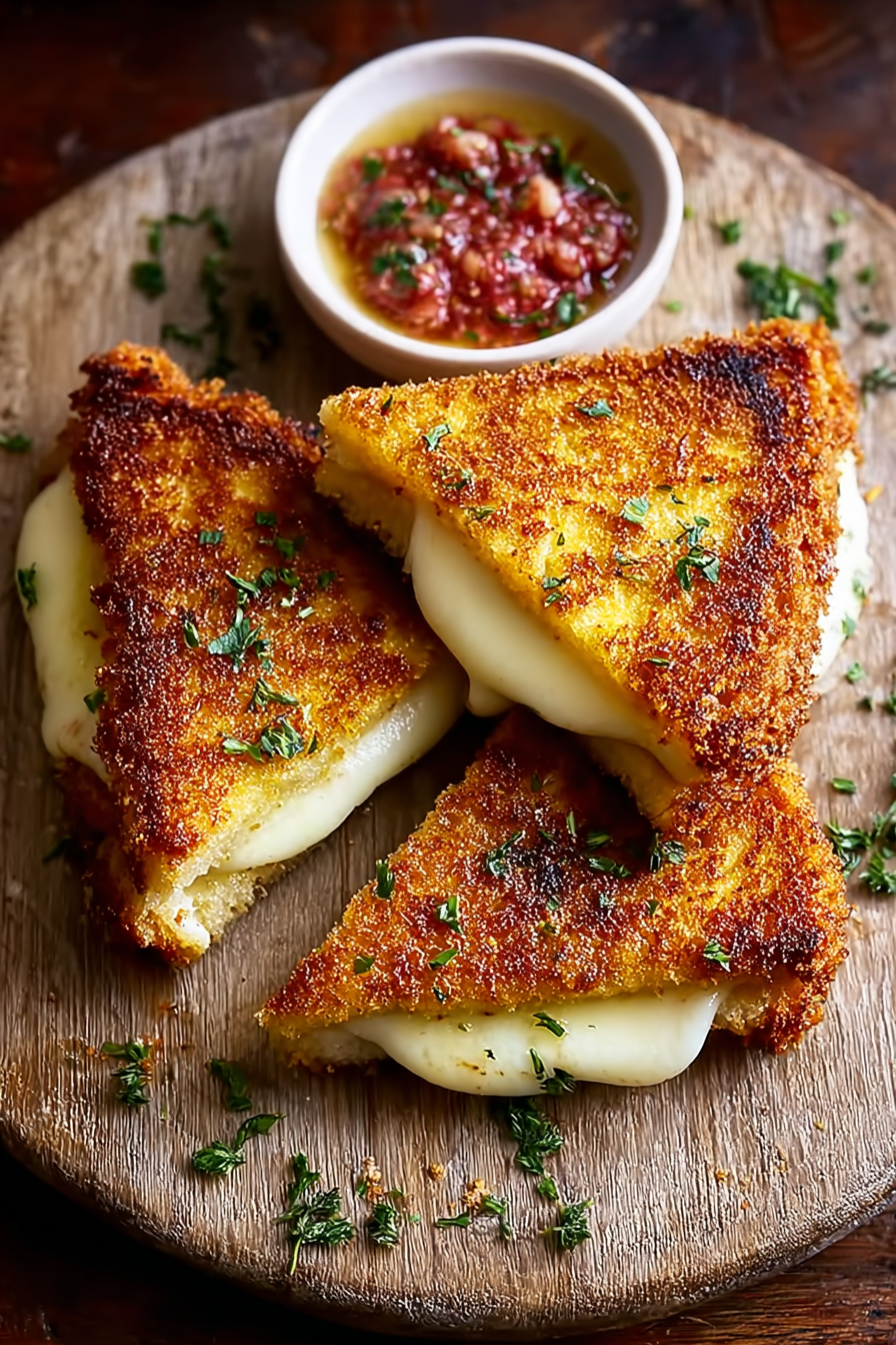 Two golden fried mozzarella triangles on a plate