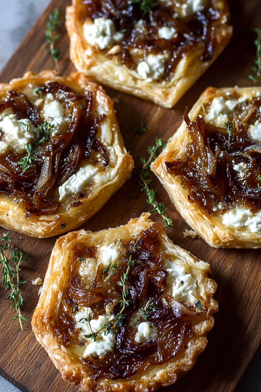 Caramelized onion and goat cheese tarts on a baking sheet
