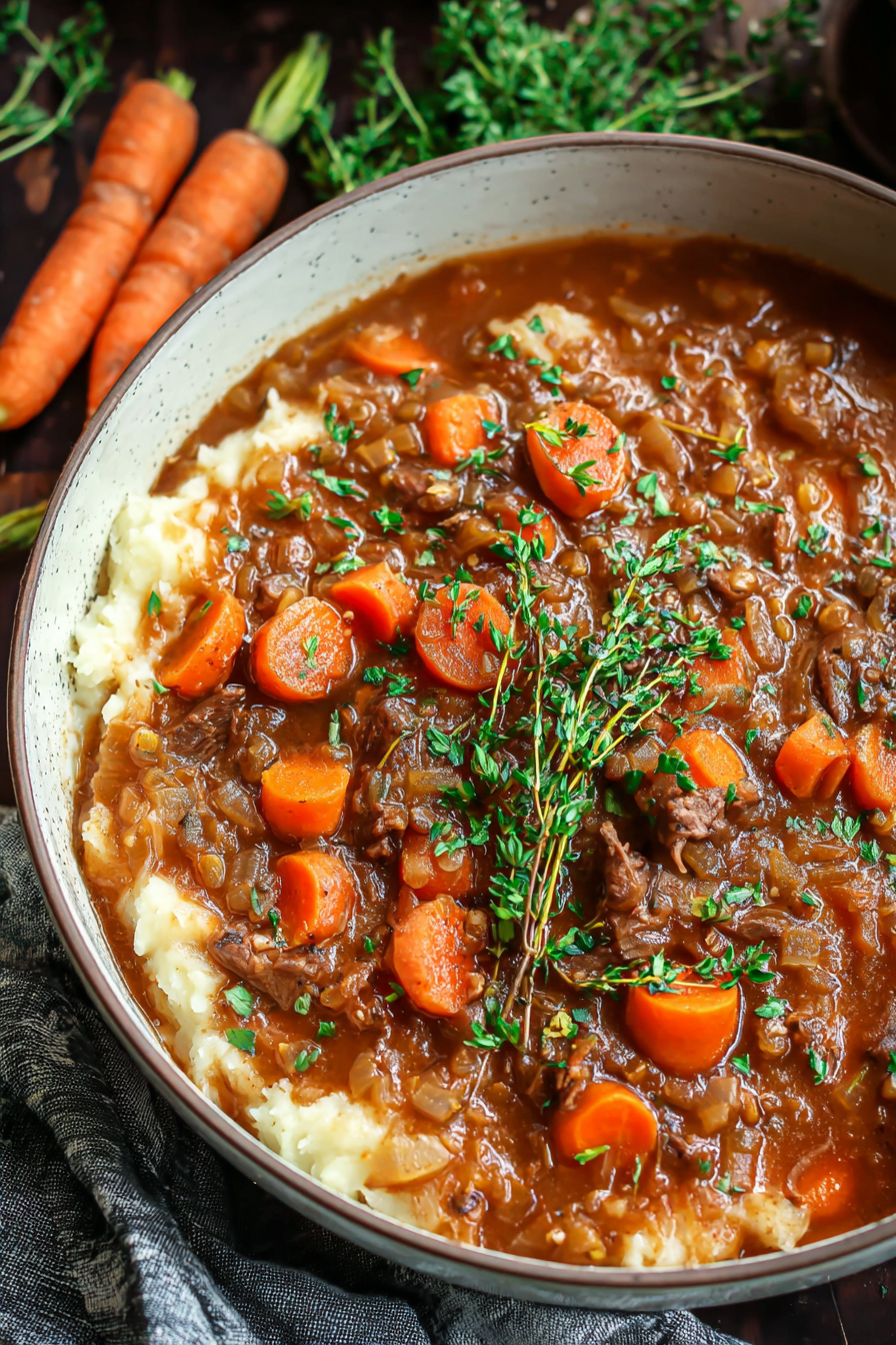 Seared beef in apple cider sauce over mashed potatoes