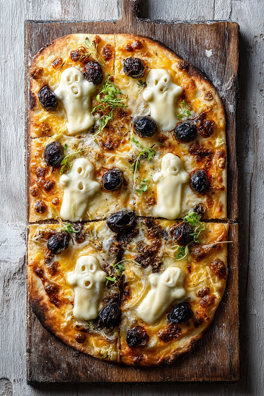 Close up of cheesy ghost toppings and olive eyes