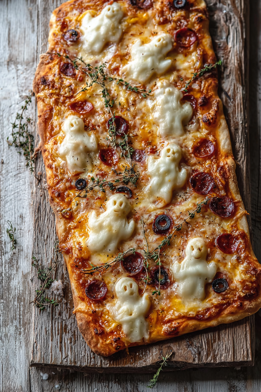 Flatbread with ghost mozzarella and olive gravestones on baking sheet