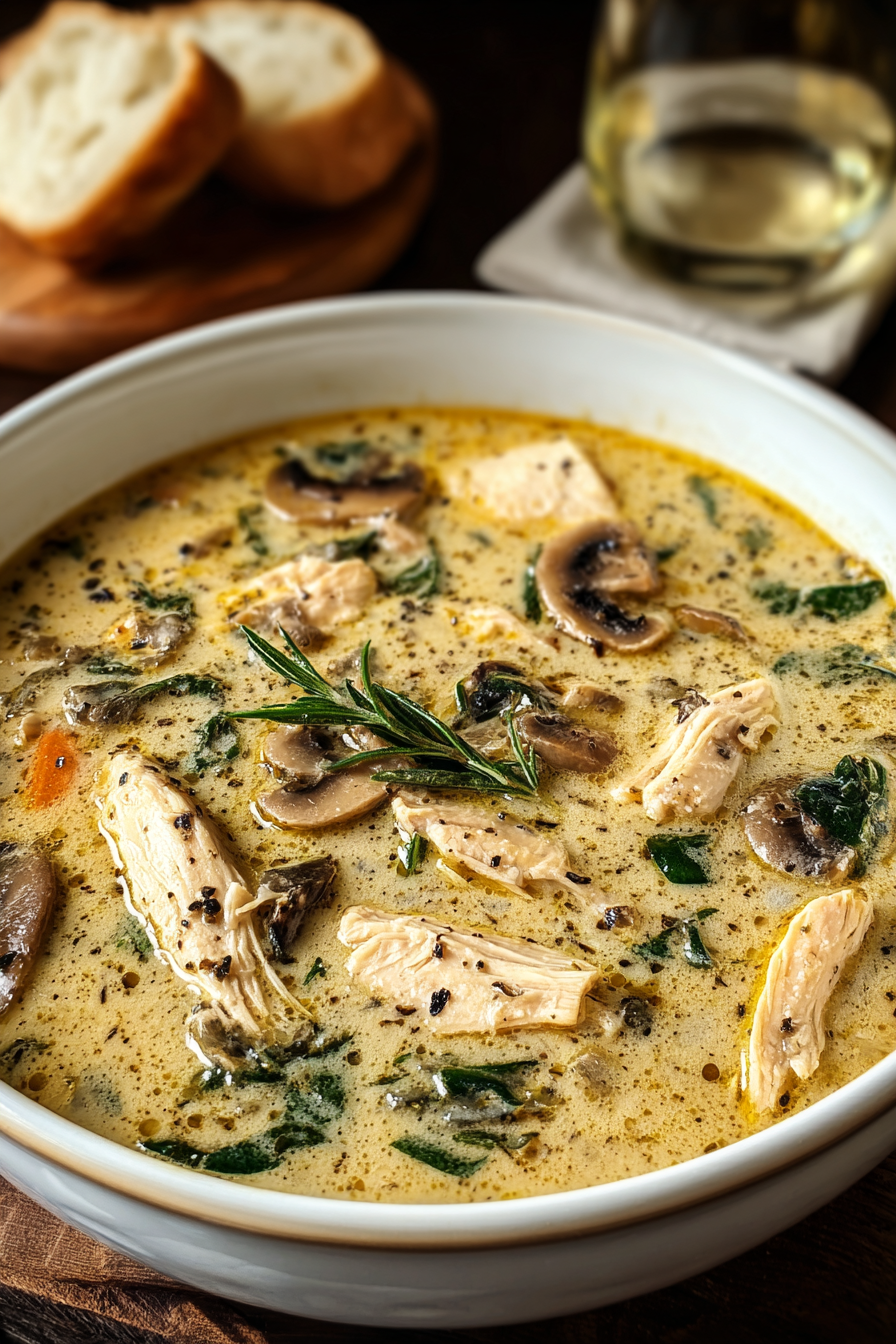 Creamy rotisserie chicken mushroom soup in a bowl, garnished with thyme
