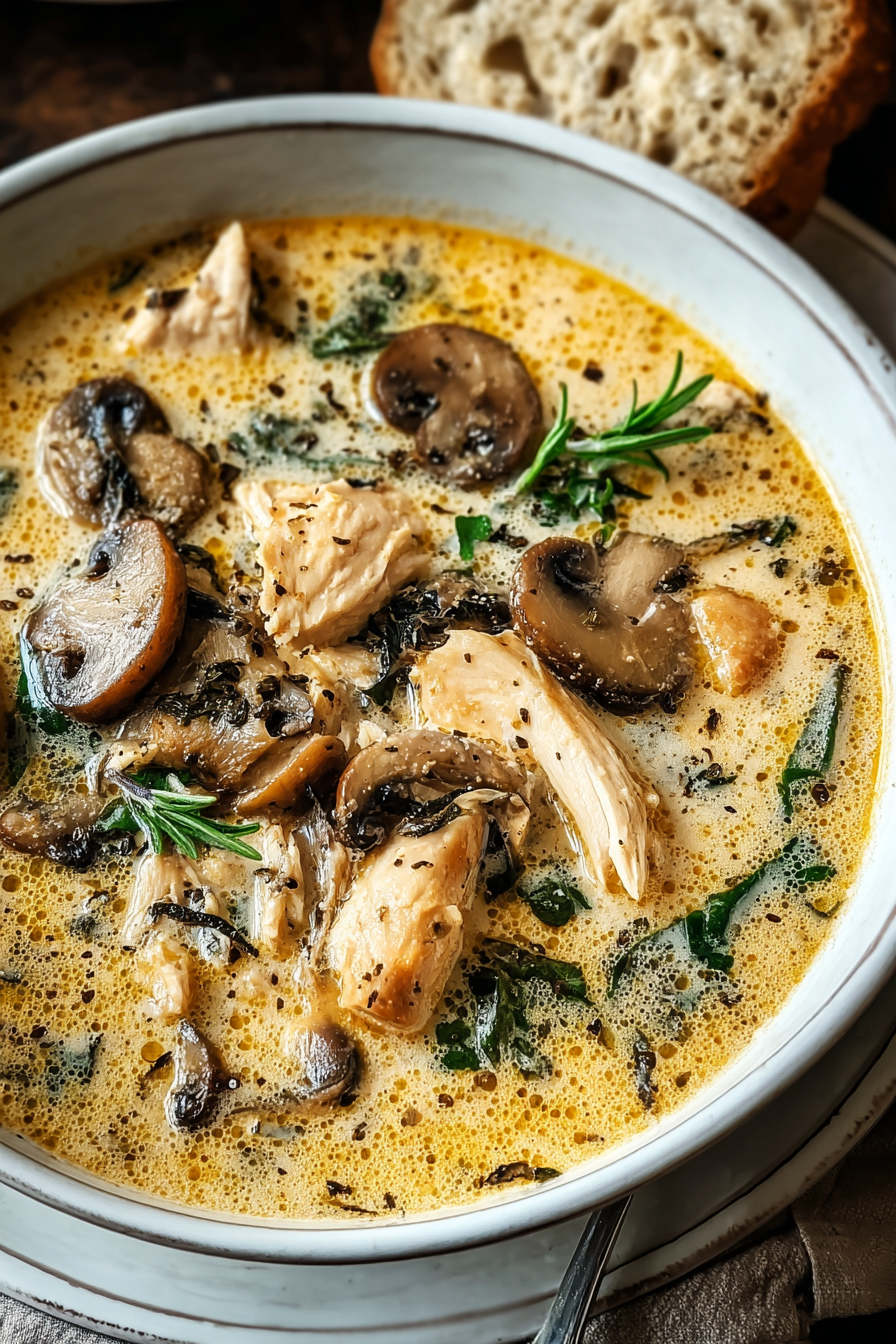 Ingredients and a bowl of warm mushroom soup on the counter