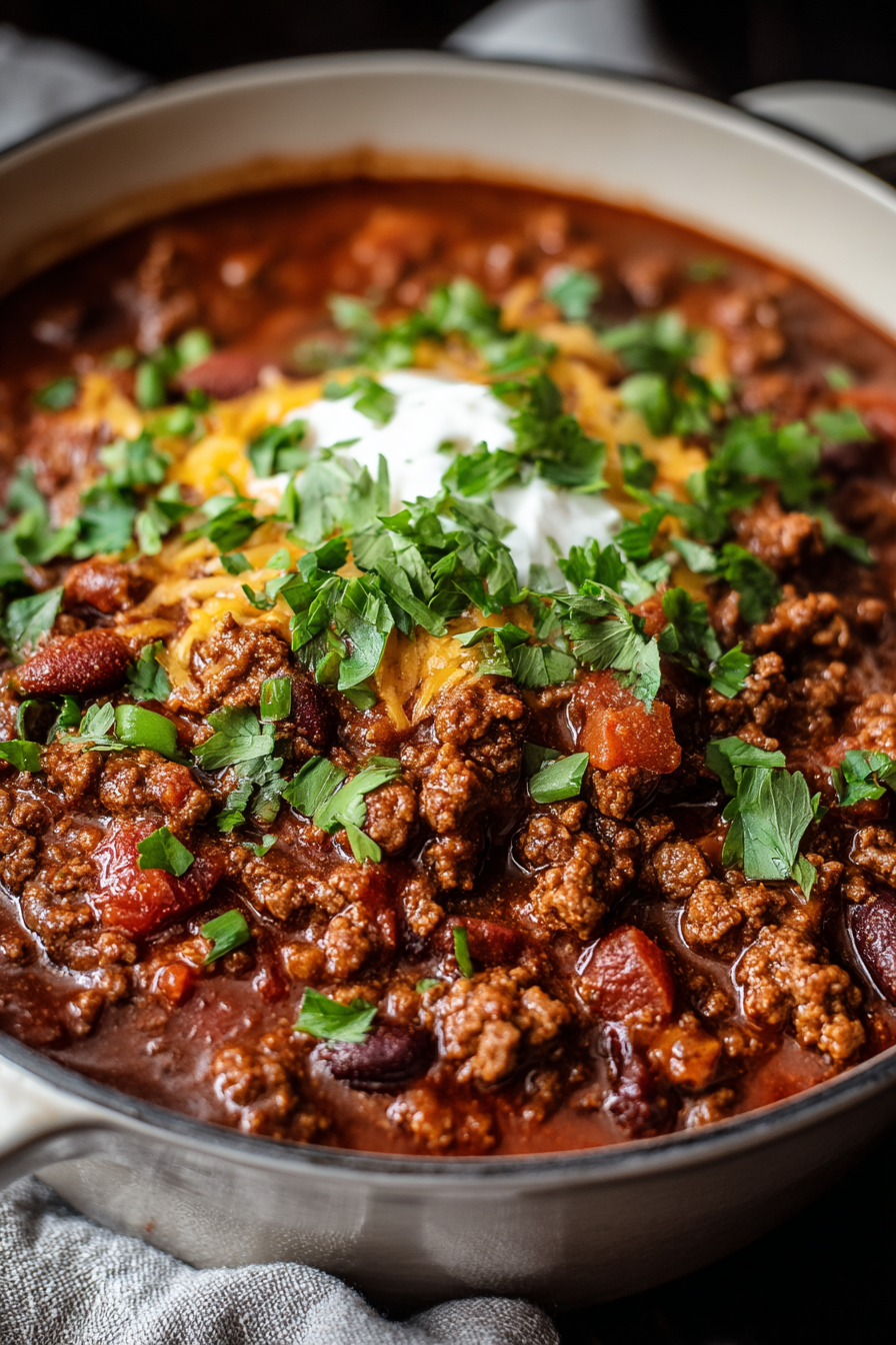 Simmering stovetop chili in a pot