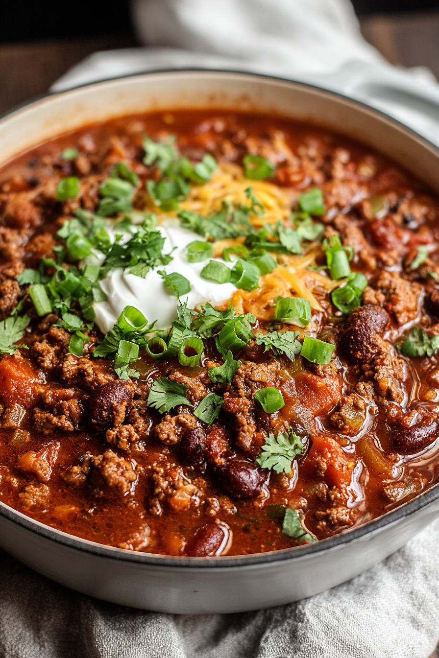 Bowl of chili topped with cheese and green onions