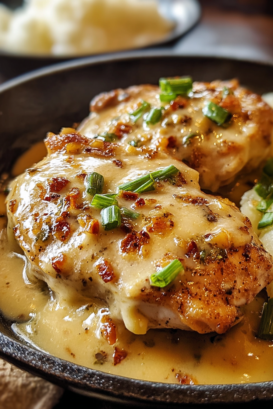 Plated smothered chicken with garnish