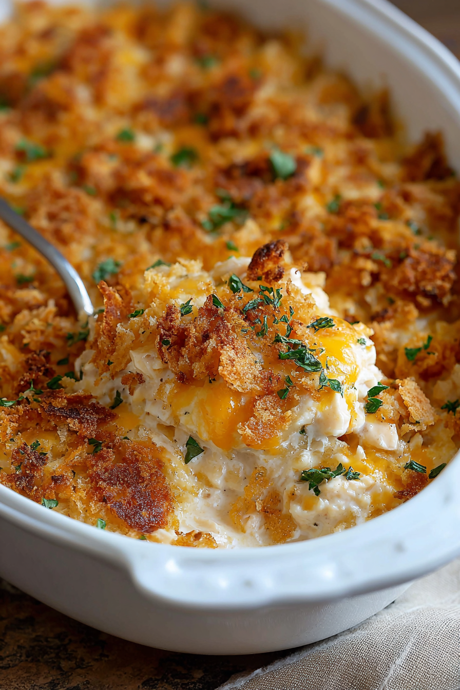 Golden Ritz cracker topping on Million Dollar Chicken Casserole