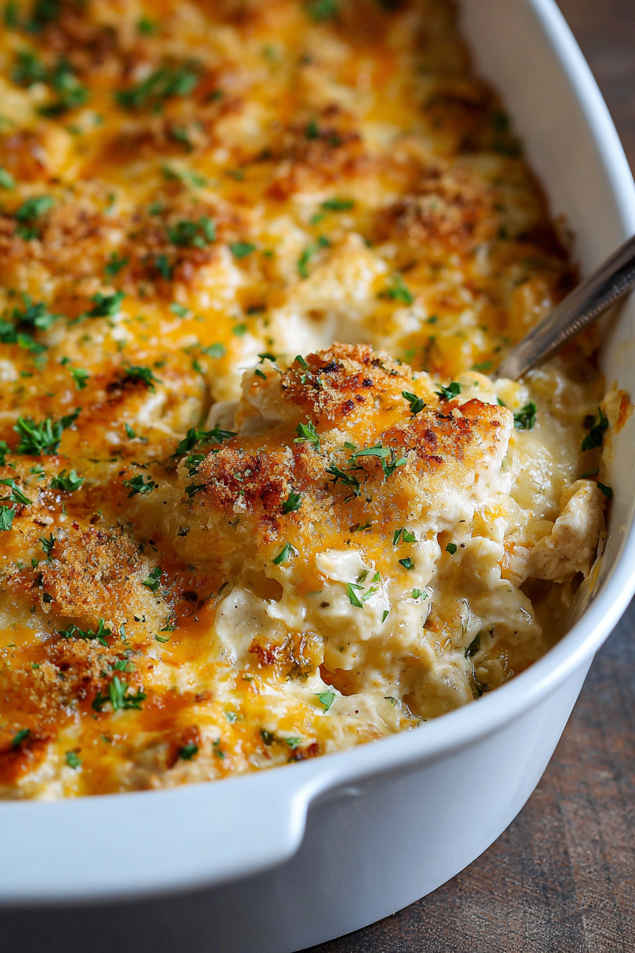 Serving scoop of creamy chicken and rice casserole