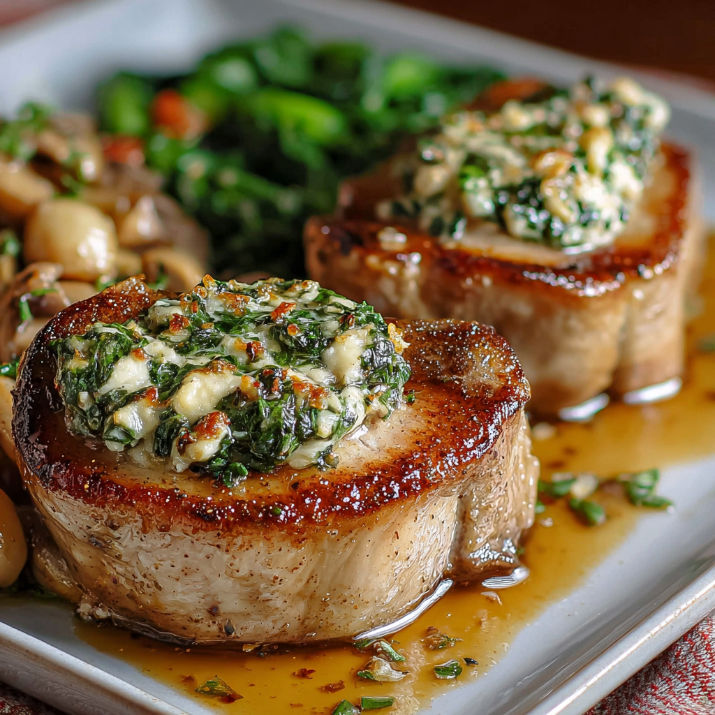 Boursin stuffed pork chops searing in skillet