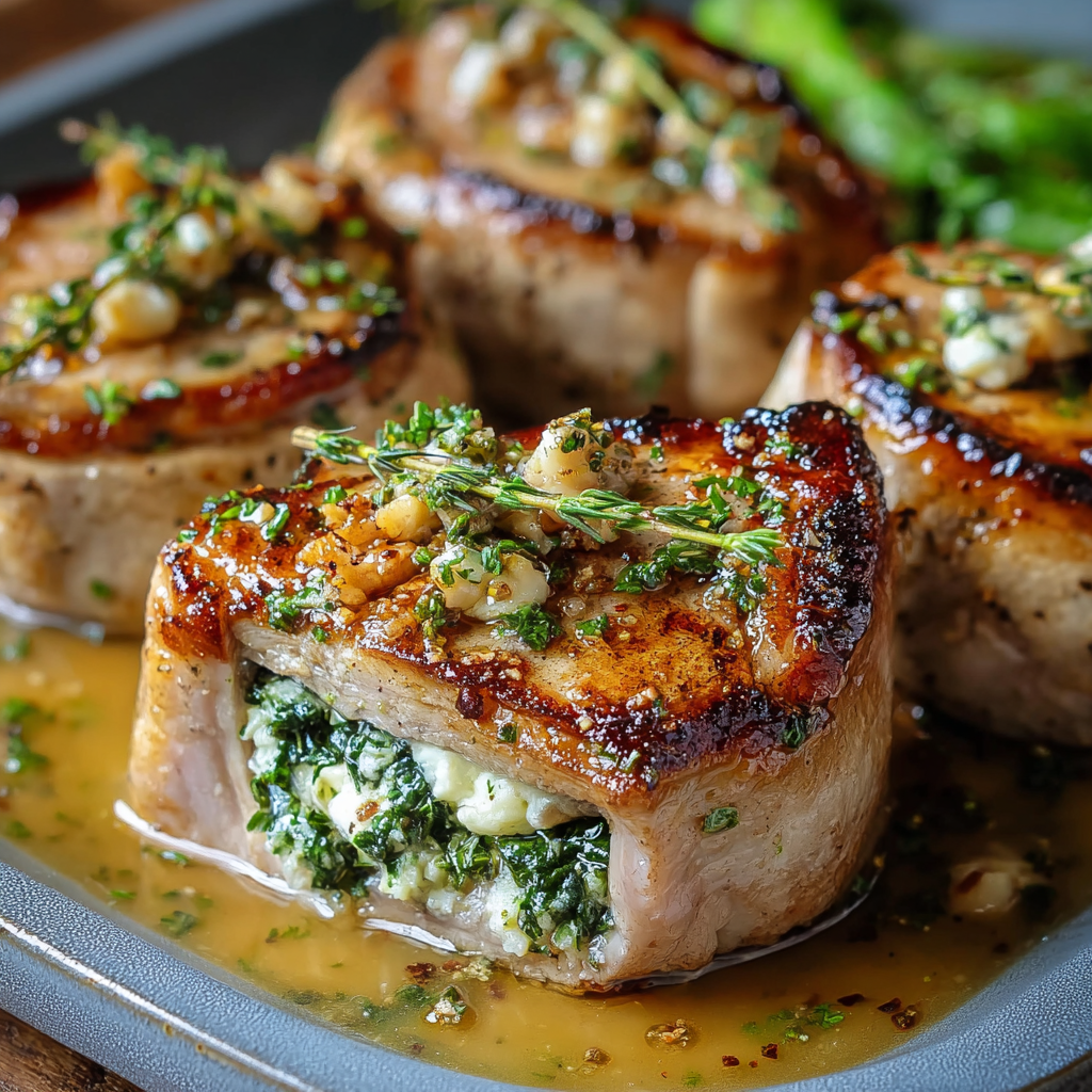 Plated Boursin pork chop with parsley garnish