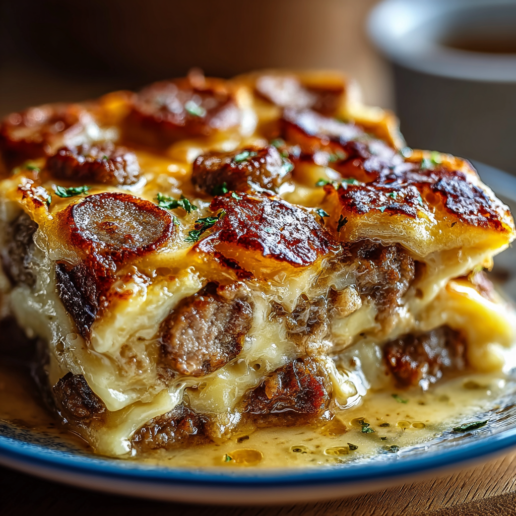 Pancake Sausage Casserole in a baking dish, golden and slightly puffed
