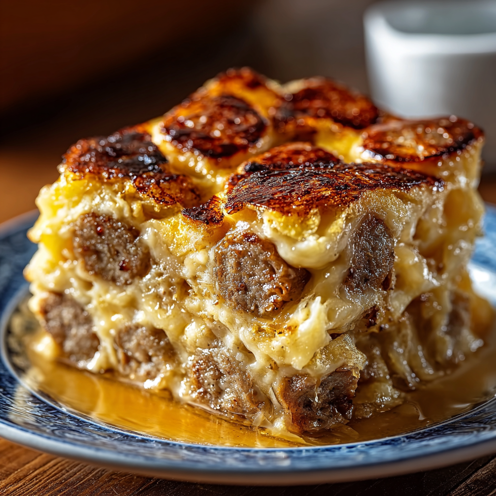 Sliced Pancake Sausage Casserole plated with syrup and fruit