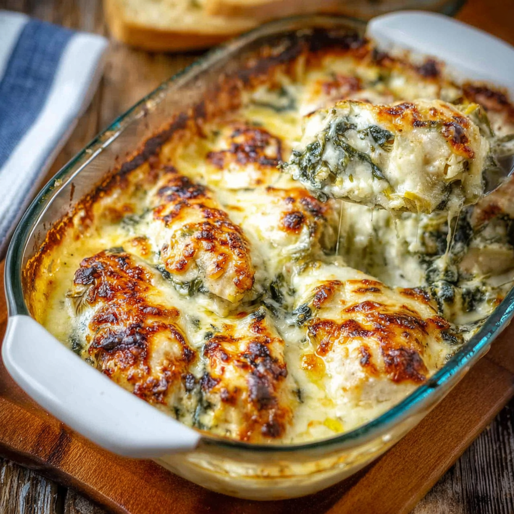 Close-up of cheese melting over spinach artichoke topping