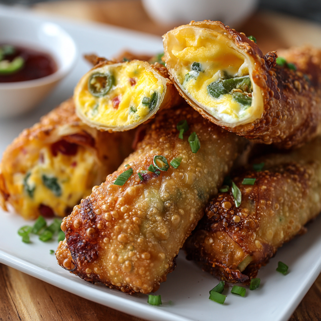 Finished jalapeno popper egg rolls on a plate