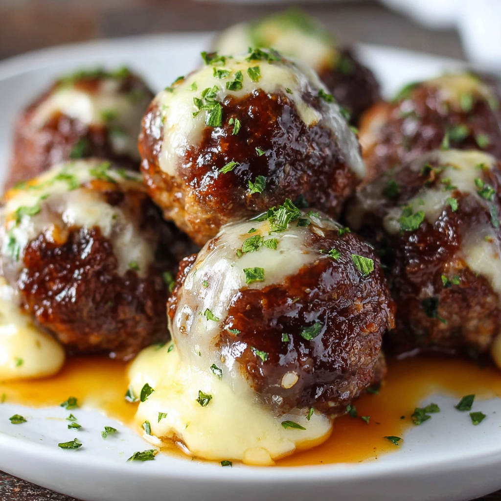 Finished smoked cheese stuffed meatballs on a baking sheet
