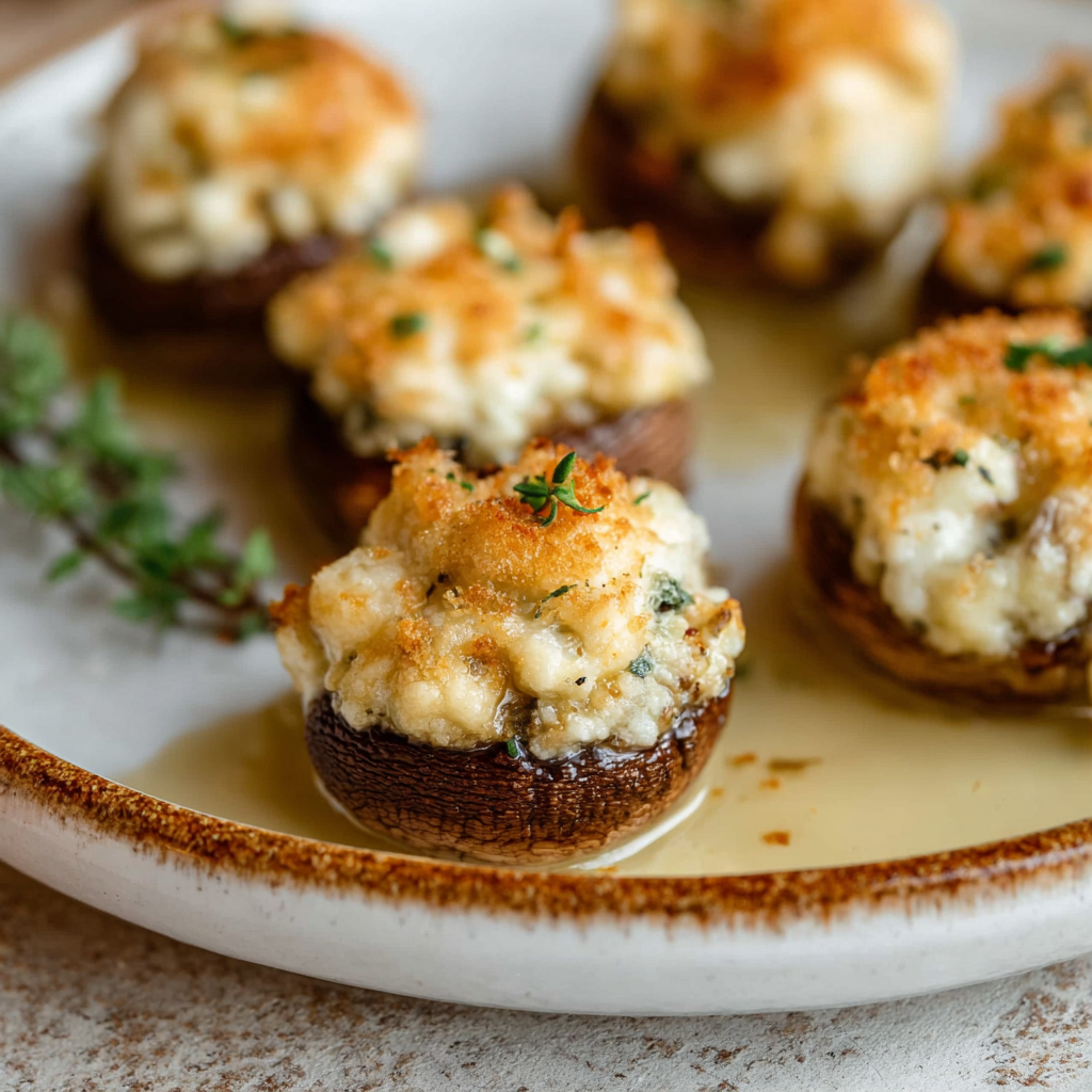 Baked white cheddar stuffed mushrooms on a serving plate