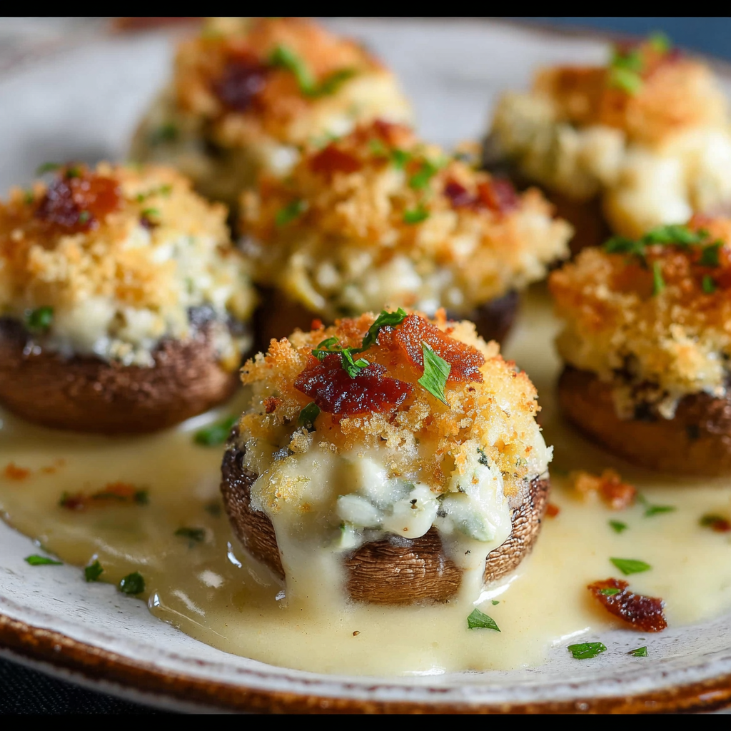 Close-up of the cheesy panko topping on mushrooms