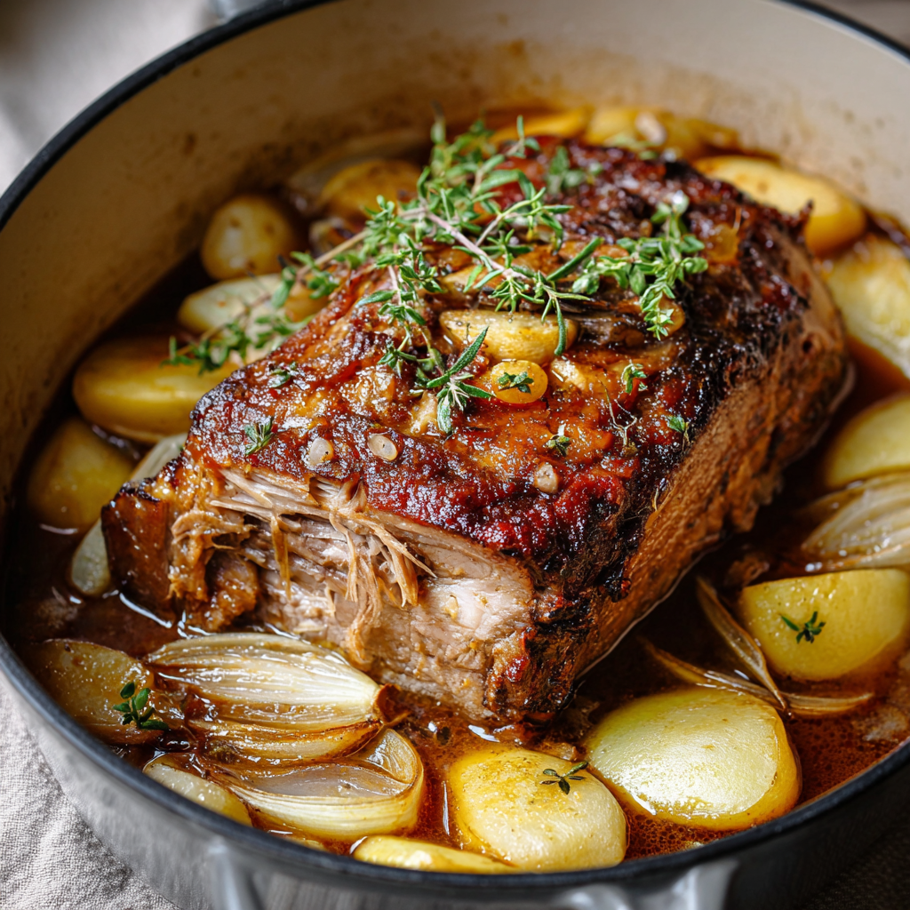 Pork roast simmering in apple cider with apples and onions