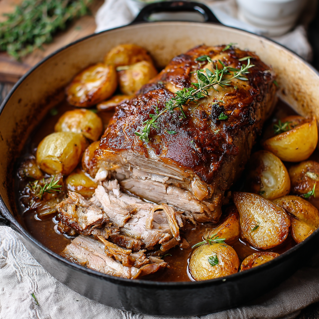 Plated slices of pork roast with apples and onions