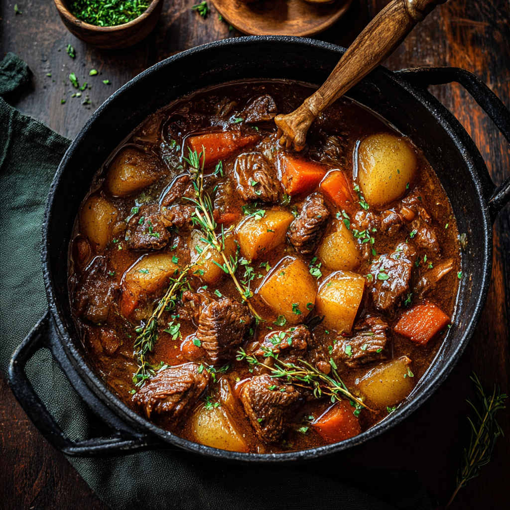 Hearty bowl of apple cider beef stew