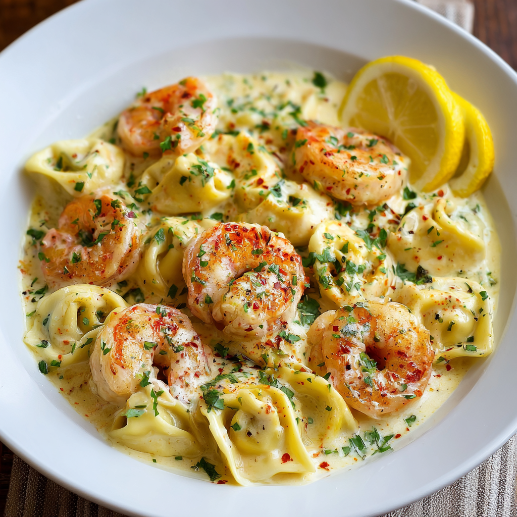 Shrimp tortellini in creamy lemon garlic sauce