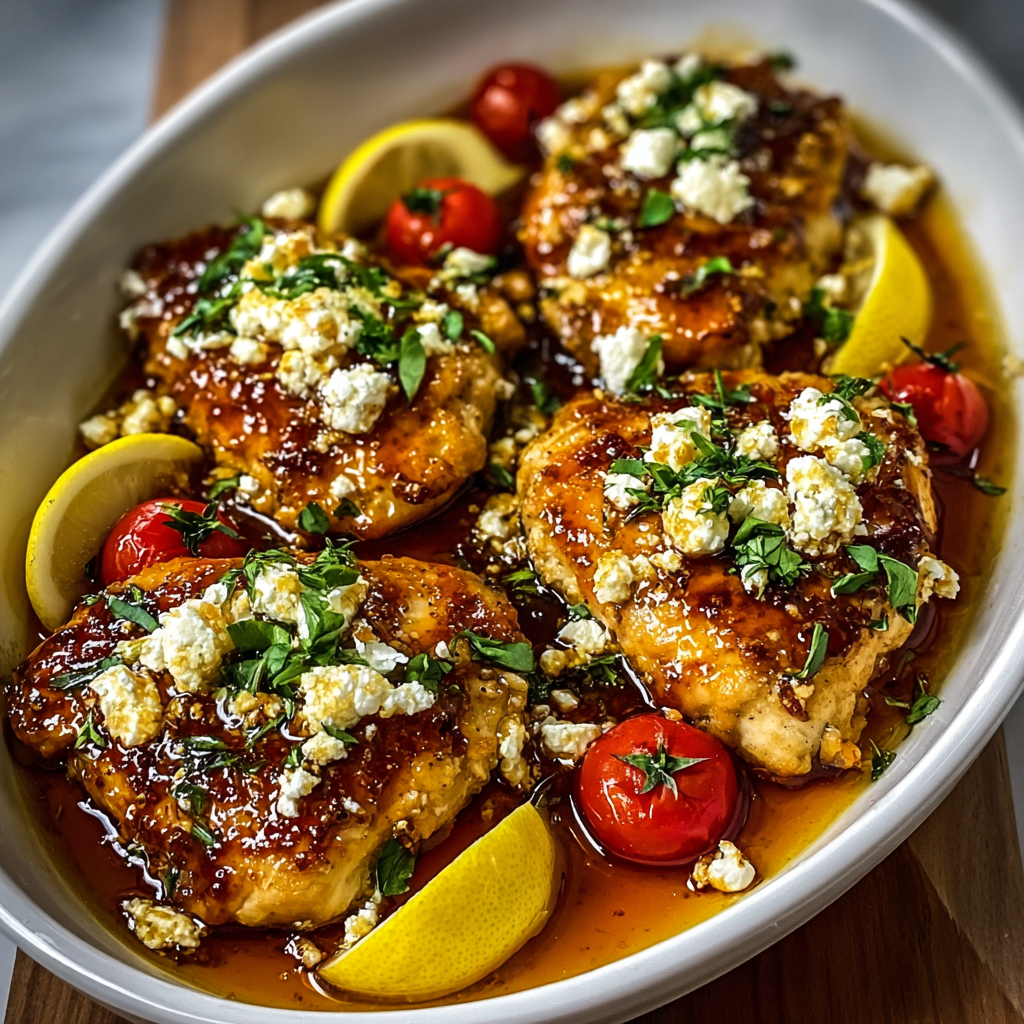 Hot honey feta chicken baking in dish with feta sprinkled on top