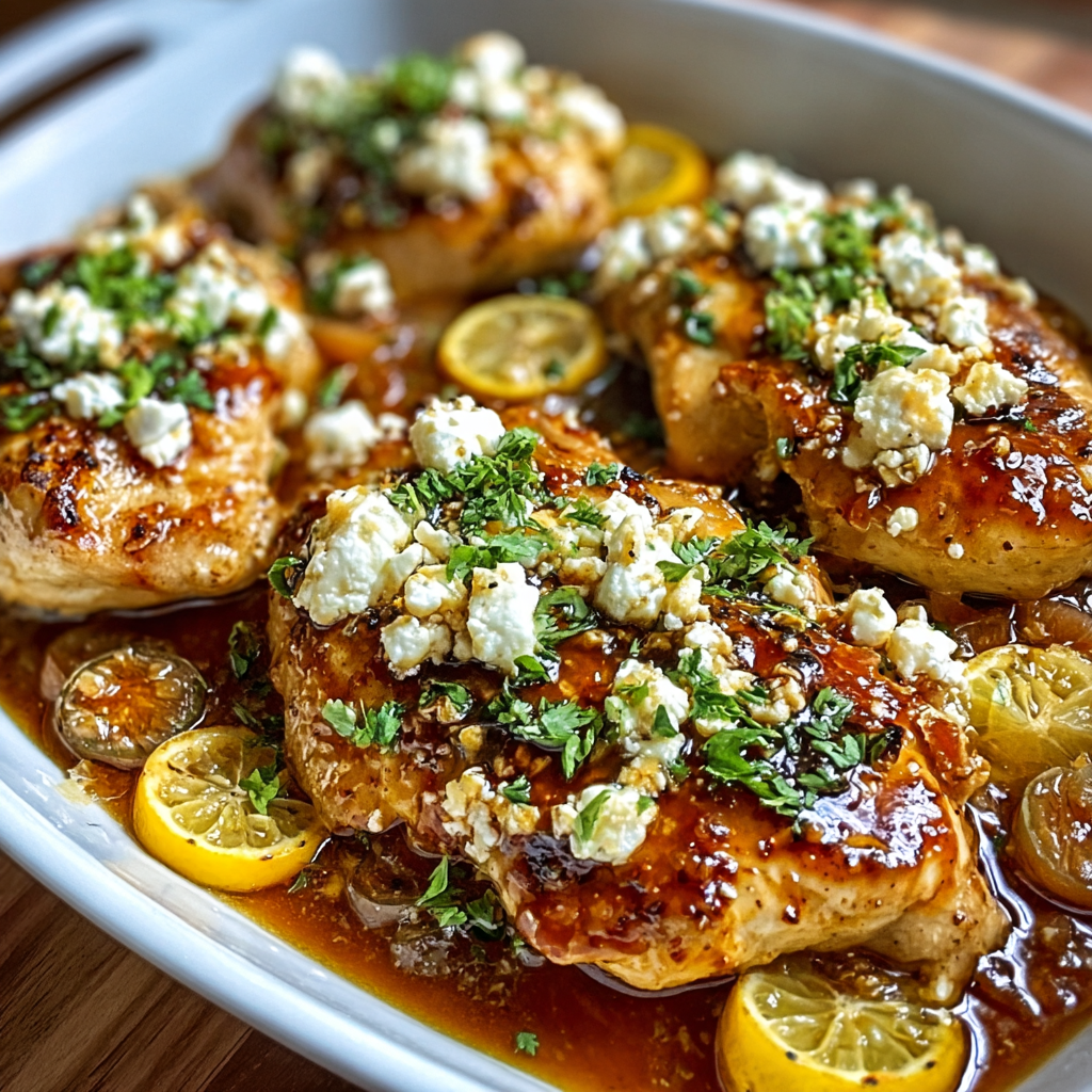 Plated hot honey feta chicken with parsley and lemon
