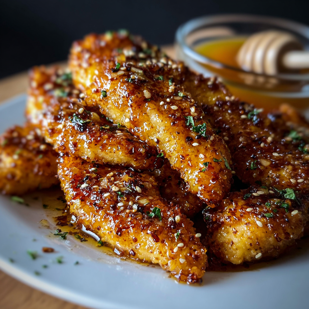 Finished honey butter garlic chicken tenders plated with sides