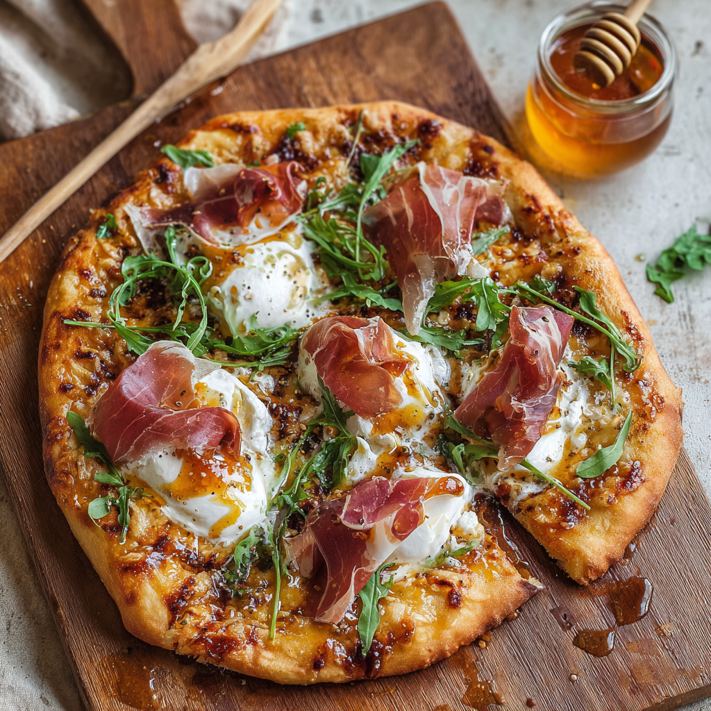 Prosciutto and burrata pizza fresh from the oven
