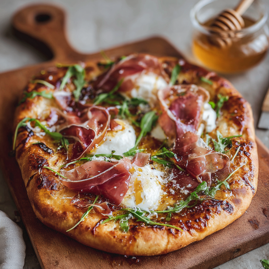 Sliced prosciutto and torn burrata on board