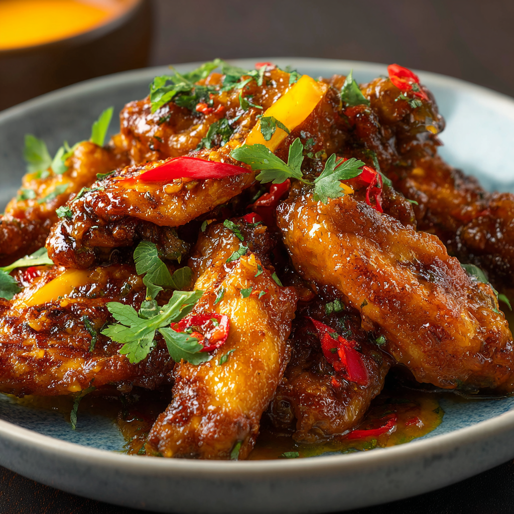 Close-up of glazed mango chili wings