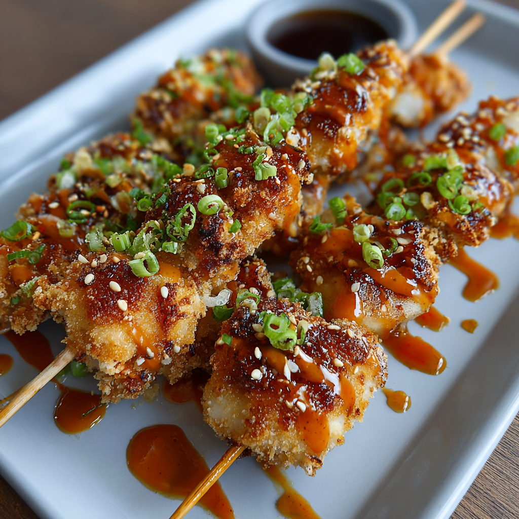 Air Fryer Bang Bang Chicken Skewers on a platter