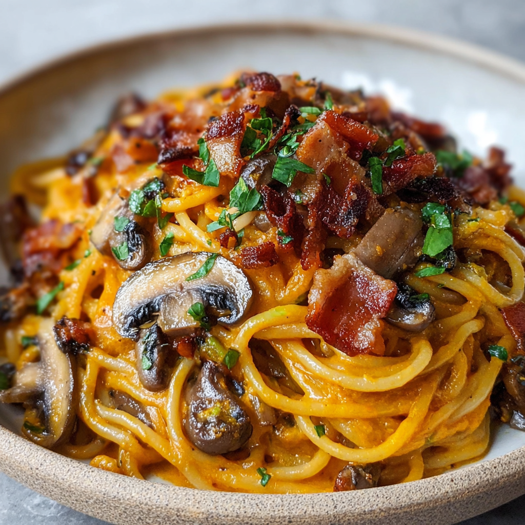 Pumpkin & Mushroom Spaghetti with Crispy Bacon