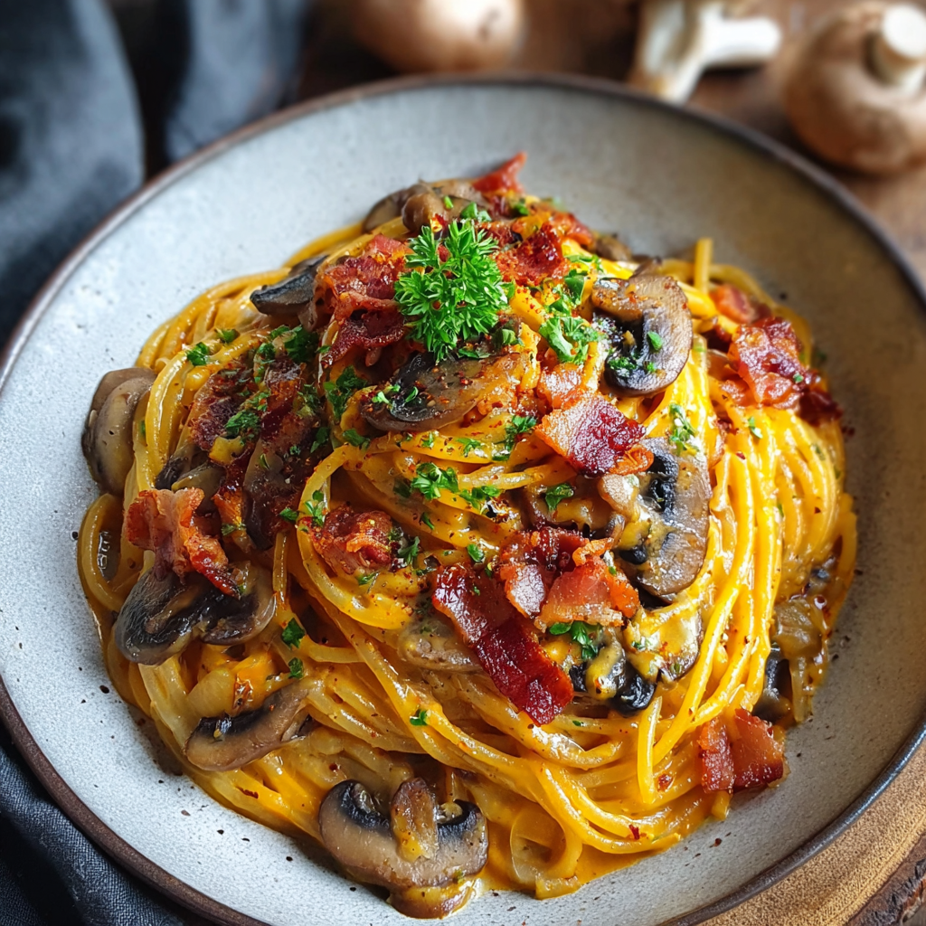  plated pumpkin mushroom spaghetti garnished with parsley