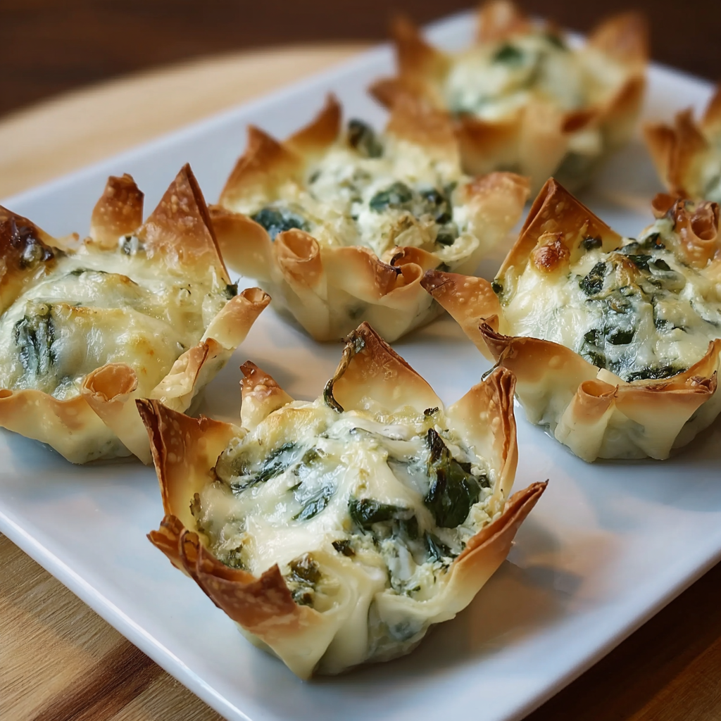 Close up of golden wonton cups with cheesy spinach filling